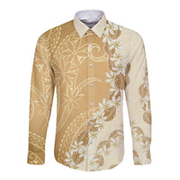 Heiva i Tahiti Long Sleeve Button Shirt Tahitian Tiare Maori Cowrie Lei Brown