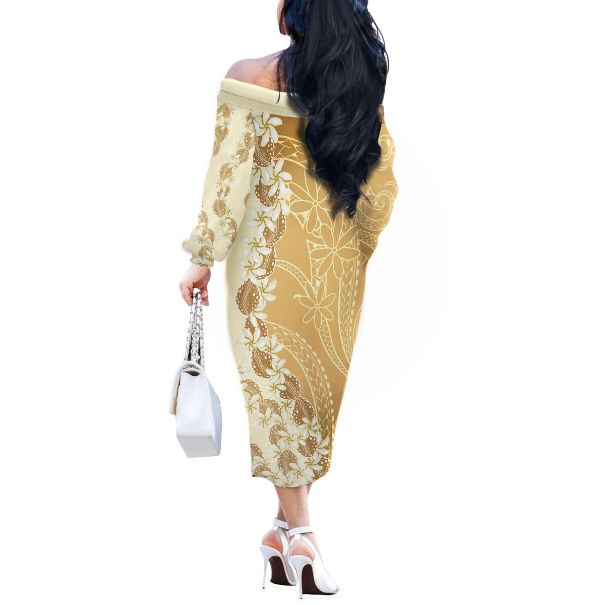 Heiva i Tahiti Off The Shoulder Long Sleeve Dress Tahitian Tiare Maori Cowrie Lei Brown