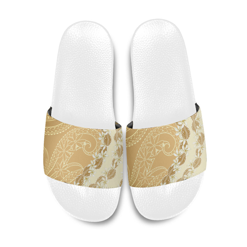 Heiva i Tahiti Slide Sandals Tahitian Tiare Maori Cowrie Lei Brown