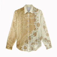 Heiva i Tahiti Women Casual Shirt Tahitian Tiare Maori Cowrie Lei Brown