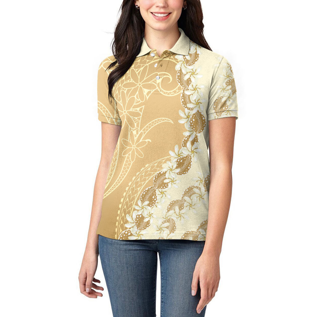 Heiva i Tahiti Women Polo Shirt Tahitian Tiare Maori Cowrie Lei Brown
