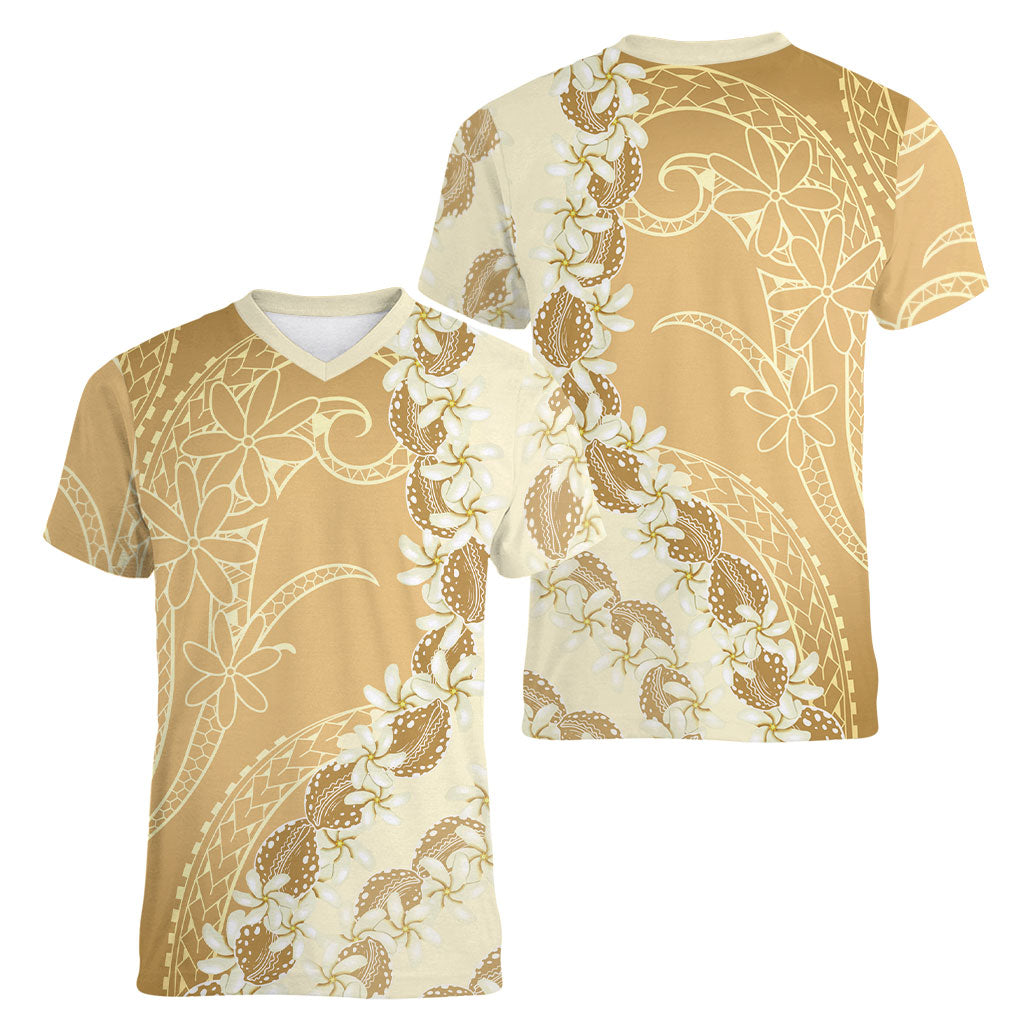 Heiva i Tahiti Women V-Neck T-Shirt Tahitian Tiare Maori Cowrie Lei Brown