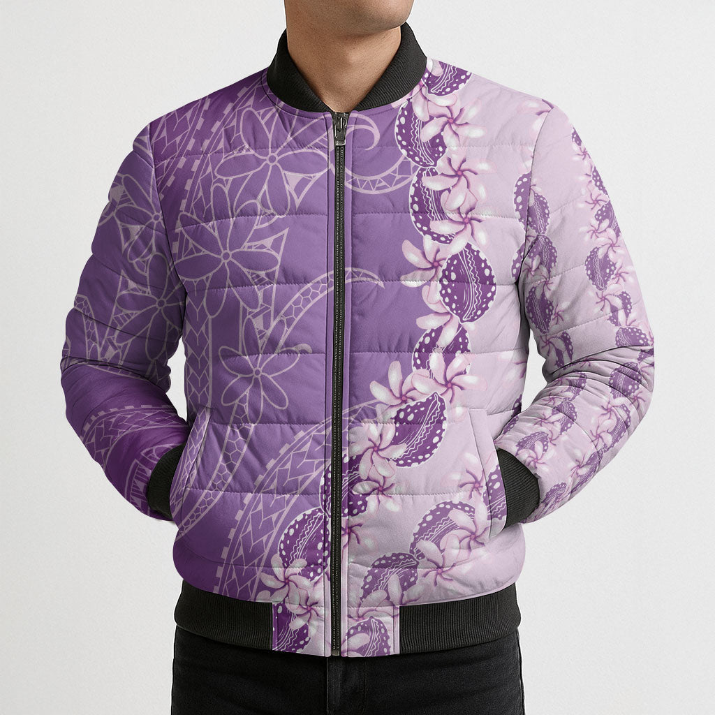 Heiva i Tahiti Bomber Puffer Jacket Tahitian Tiare Maori Cowrie Lei Purple