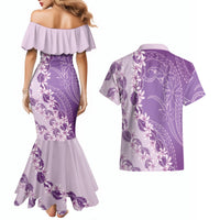Heiva i Tahiti Couples Matching Mermaid Dress and Hawaiian Shirt Tahitian Tiare Maori Cowrie Lei Purple