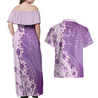 Heiva i Tahiti Couples Matching Off Shoulder Maxi Dress and Hawaiian Shirt Tahitian Tiare Maori Cowrie Lei Purple