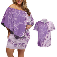 Heiva i Tahiti Couples Matching Off Shoulder Short Dress and Hawaiian Shirt Tahitian Tiare Maori Cowrie Lei Purple