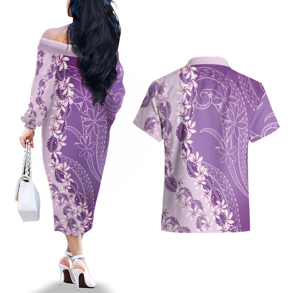 Heiva i Tahiti Couples Matching Off The Shoulder Long Sleeve Dress and Hawaiian Shirt Tahitian Tiare Maori Cowrie Lei Purple