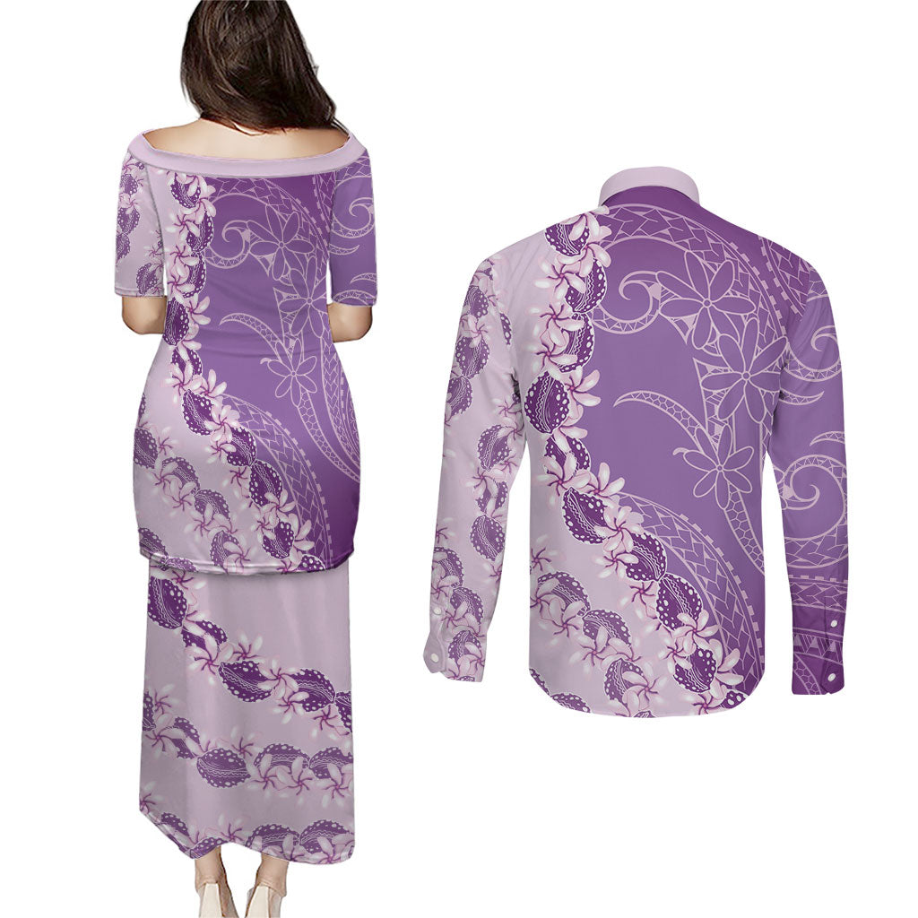 Heiva i Tahiti Couples Matching Puletasi and Long Sleeve Button Shirt Tahitian Tiare Maori Cowrie Lei Purple
