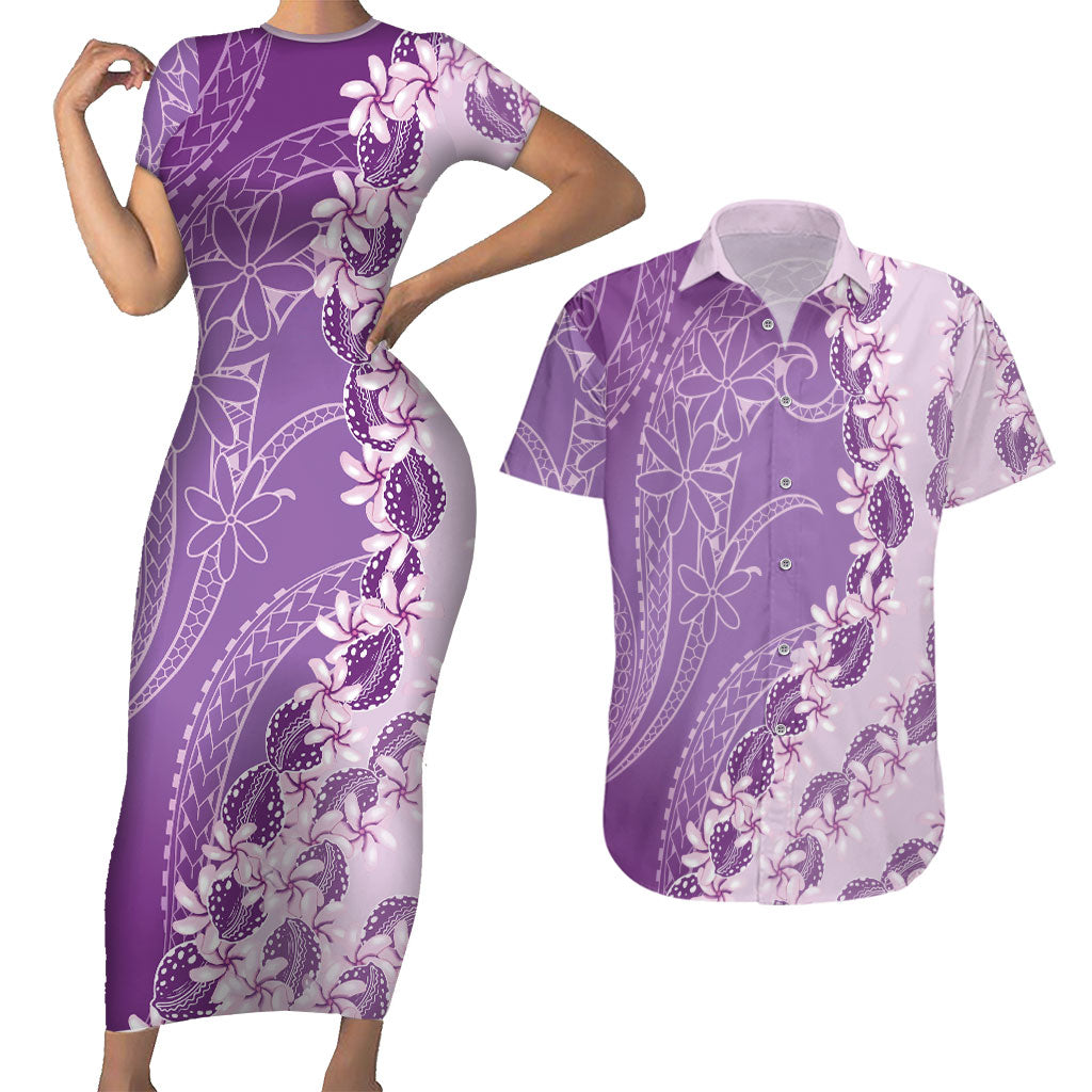 Heiva i Tahiti Couples Matching Short Sleeve Bodycon Dress and Hawaiian Shirt Tahitian Tiare Maori Cowrie Lei Purple