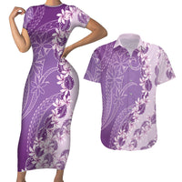 Heiva i Tahiti Couples Matching Short Sleeve Bodycon Dress and Hawaiian Shirt Tahitian Tiare Maori Cowrie Lei Purple