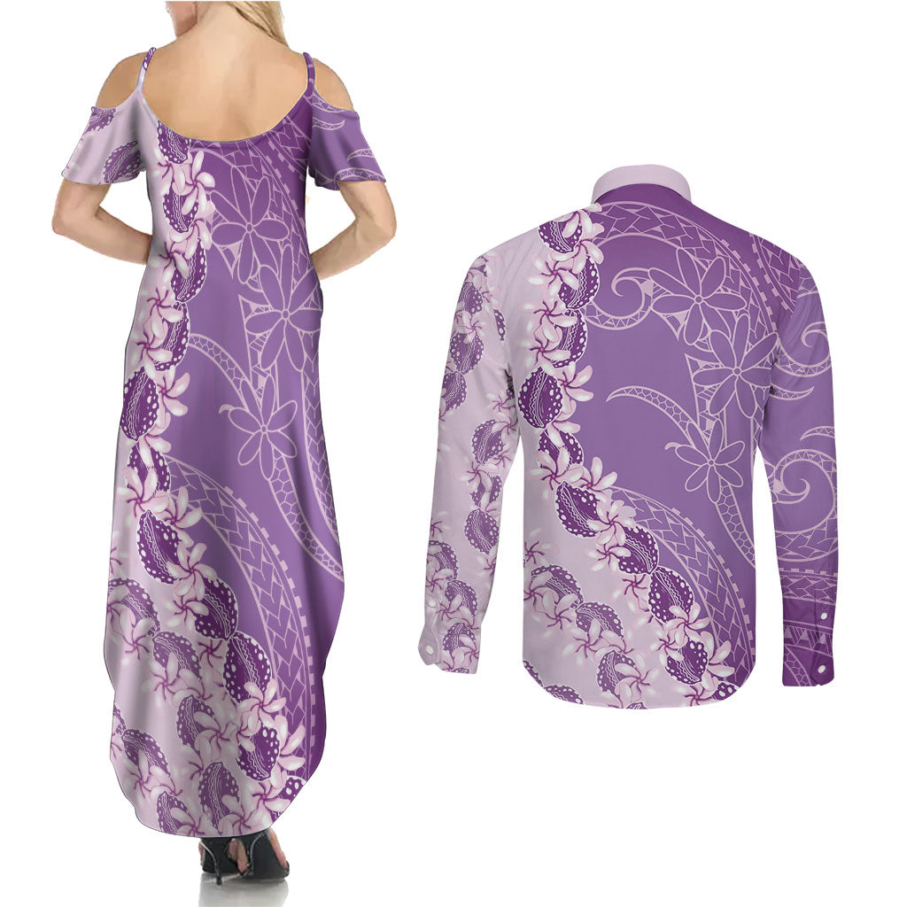 Heiva i Tahiti Couples Matching Summer Maxi Dress and Long Sleeve Button Shirt Tahitian Tiare Maori Cowrie Lei Purple