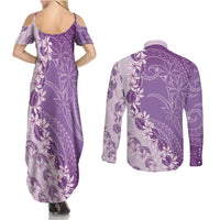 Heiva i Tahiti Couples Matching Summer Maxi Dress and Long Sleeve Button Shirt Tahitian Tiare Maori Cowrie Lei Purple