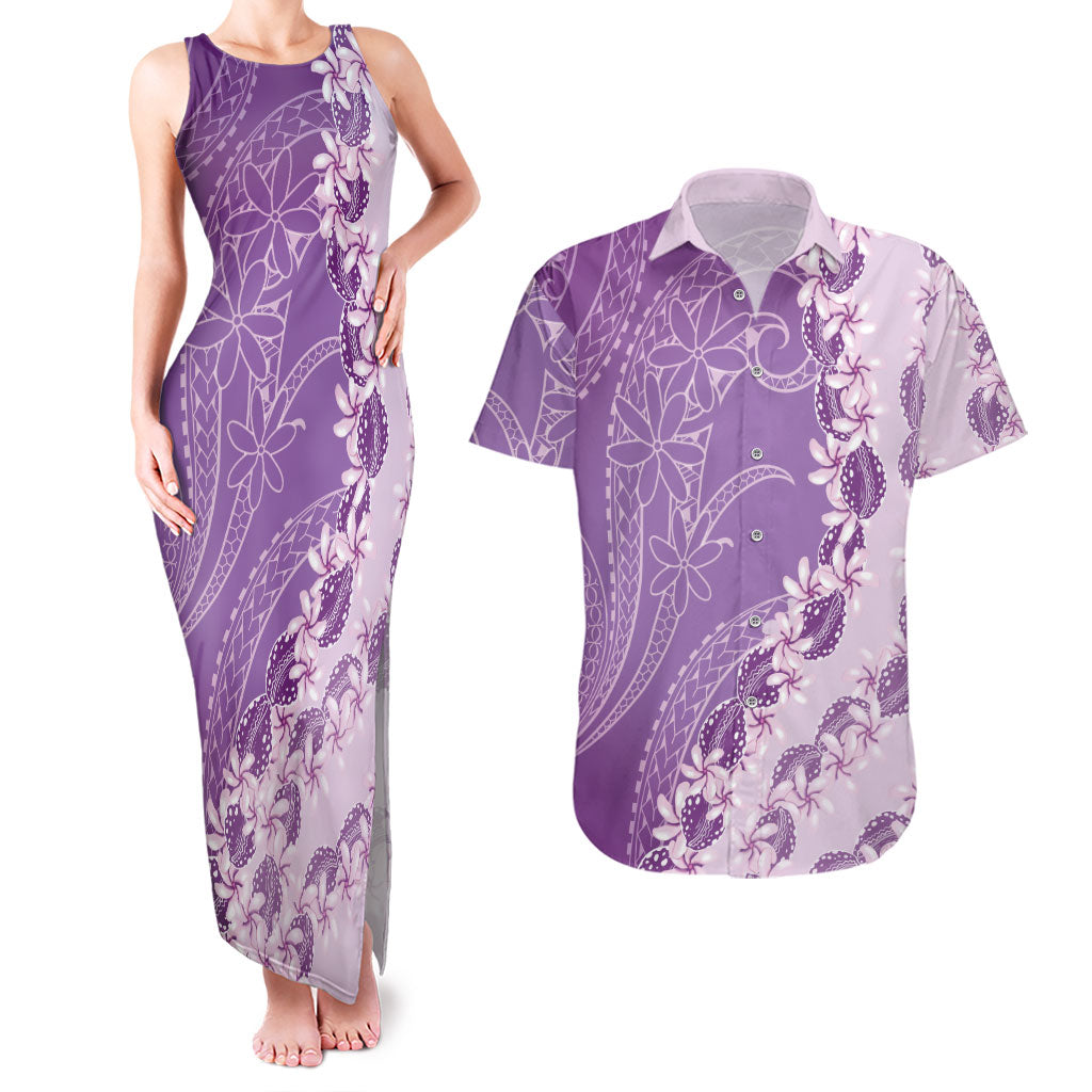 Heiva i Tahiti Couples Matching Tank Maxi Dress and Hawaiian Shirt Tahitian Tiare Maori Cowrie Lei Purple LT14 Purple - Polynesian Pride