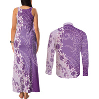 Heiva i Tahiti Couples Matching Tank Maxi Dress and Long Sleeve Button Shirt Tahitian Tiare Maori Cowrie Lei Purple