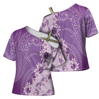 Heiva i Tahiti Cross Shoulder Shirt Tahitian Tiare Maori Cowrie Lei Purple