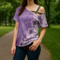 Heiva i Tahiti Cross Shoulder Shirt Tahitian Tiare Maori Cowrie Lei Purple