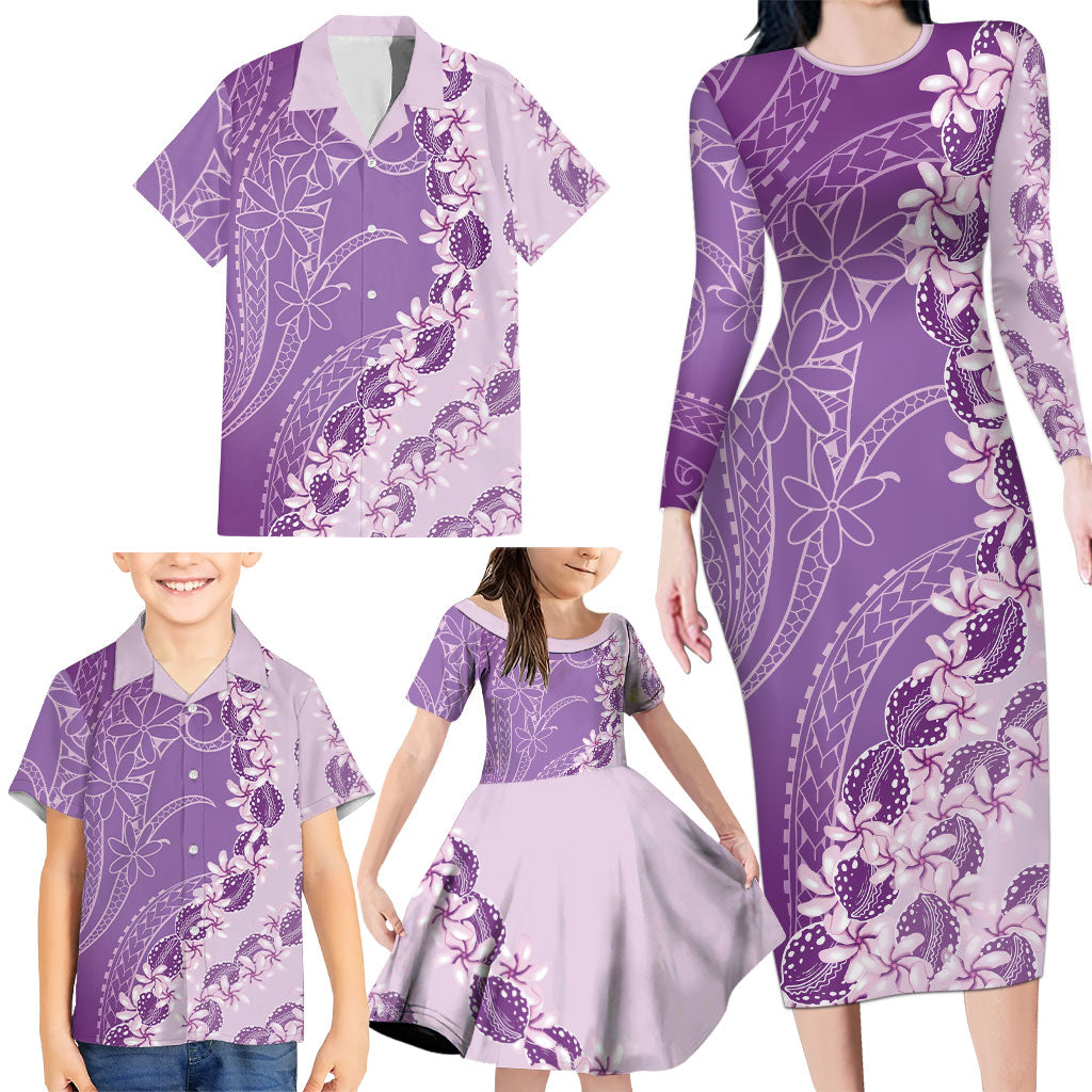 Heiva i Tahiti Family Matching Long Sleeve Bodycon Dress and Hawaiian Shirt Tahitian Tiare Maori Cowrie Lei Purple LT14 - Polynesian Pride