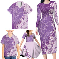 Heiva i Tahiti Family Matching Long Sleeve Bodycon Dress and Hawaiian Shirt Tahitian Tiare Maori Cowrie Lei Purple LT14 - Polynesian Pride