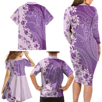 Heiva i Tahiti Family Matching Long Sleeve Bodycon Dress and Hawaiian Shirt Tahitian Tiare Maori Cowrie Lei Purple LT14 - Polynesian Pride