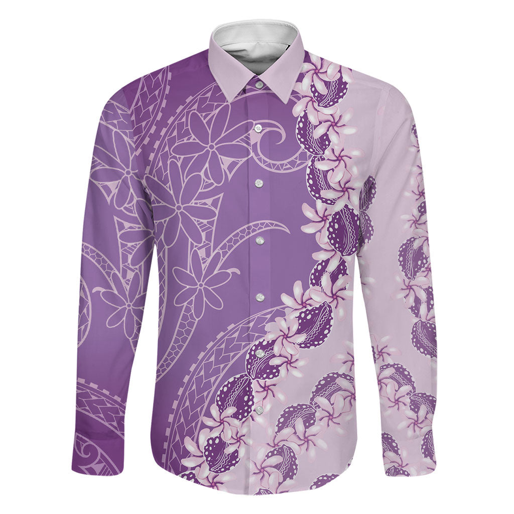 Heiva i Tahiti Family Matching Long Sleeve Bodycon Dress and Hawaiian Shirt Tahitian Tiare Maori Cowrie Lei Purple LT14 Dad's Shirt - Long Sleeve Purple - Polynesian Pride