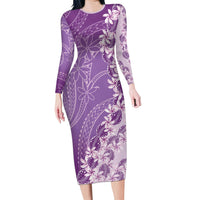 Heiva i Tahiti Family Matching Long Sleeve Bodycon Dress and Hawaiian Shirt Tahitian Tiare Maori Cowrie Lei Purple LT14 Mom's Dress Purple - Polynesian Pride