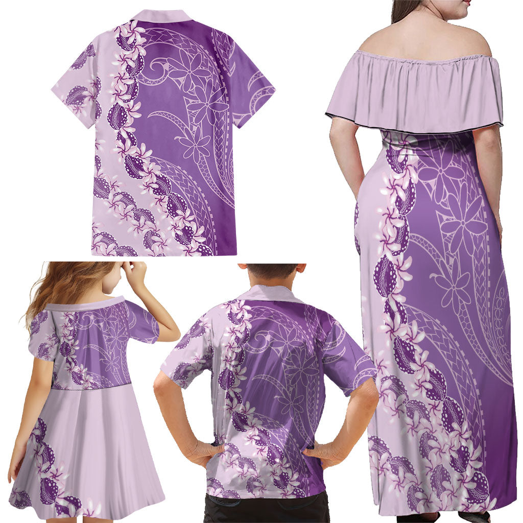 Heiva i Tahiti Family Matching Off Shoulder Maxi Dress and Hawaiian Shirt Tahitian Tiare Maori Cowrie Lei Purple