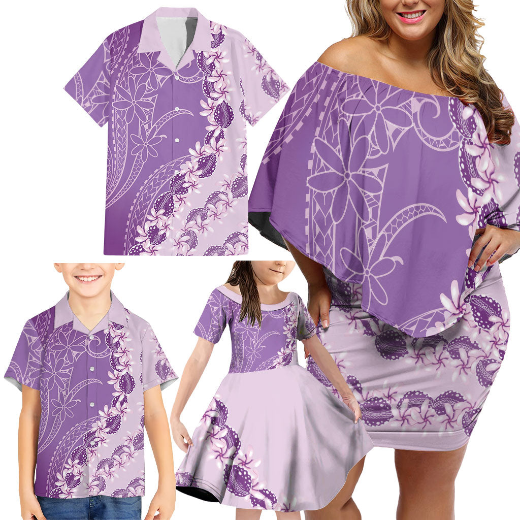 Heiva i Tahiti Family Matching Off Shoulder Short Dress and Hawaiian Shirt Tahitian Tiare Maori Cowrie Lei Purple