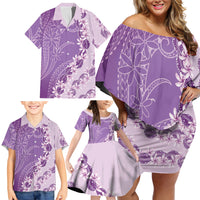 Heiva i Tahiti Family Matching Off Shoulder Short Dress and Hawaiian Shirt Tahitian Tiare Maori Cowrie Lei Purple