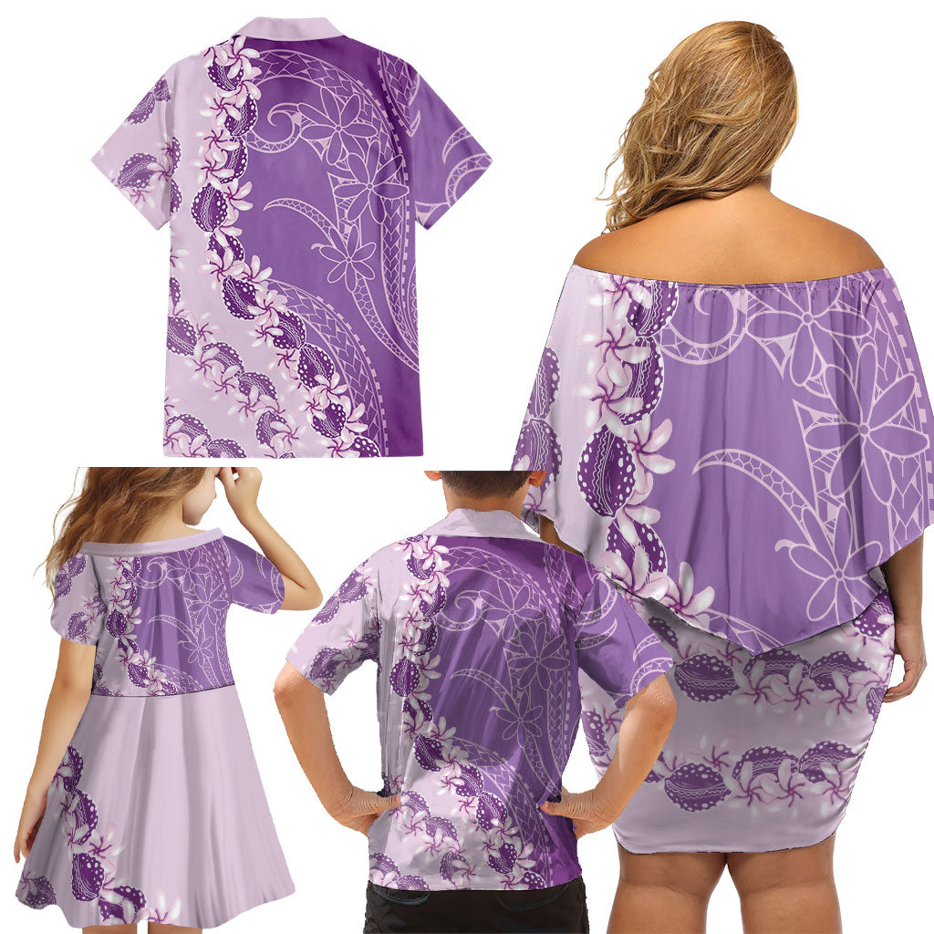 Heiva i Tahiti Family Matching Off Shoulder Short Dress and Hawaiian Shirt Tahitian Tiare Maori Cowrie Lei Purple