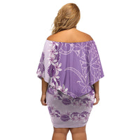 Heiva i Tahiti Family Matching Off Shoulder Short Dress and Hawaiian Shirt Tahitian Tiare Maori Cowrie Lei Purple