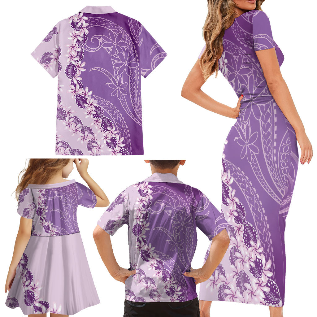 Heiva i Tahiti Family Matching Short Sleeve Bodycon Dress and Hawaiian Shirt Tahitian Tiare Maori Cowrie Lei Purple