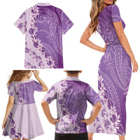Heiva i Tahiti Family Matching Short Sleeve Bodycon Dress and Hawaiian Shirt Tahitian Tiare Maori Cowrie Lei Purple