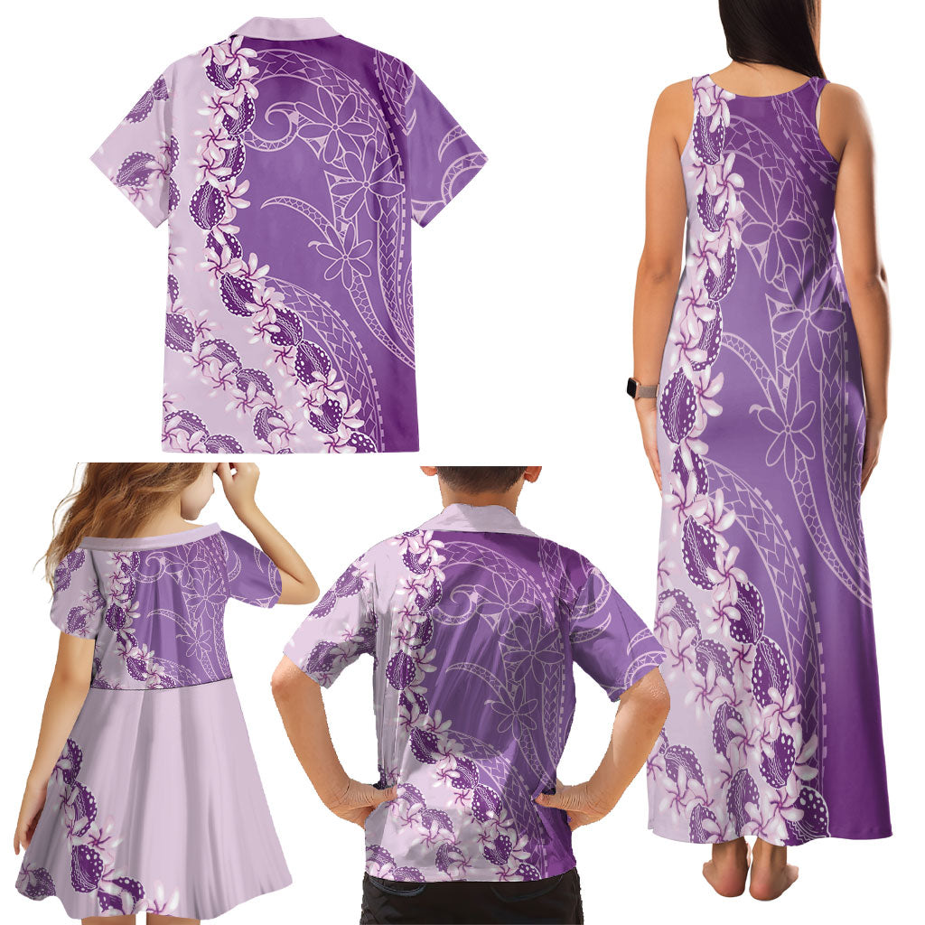 Heiva i Tahiti Family Matching Tank Maxi Dress and Hawaiian Shirt Tahitian Tiare Maori Cowrie Lei Purple