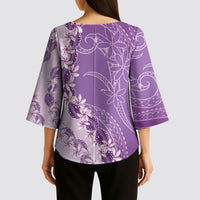 Heiva i Tahiti Kimono Sleeve Blouse Tahitian Tiare Maori Cowrie Lei Purple