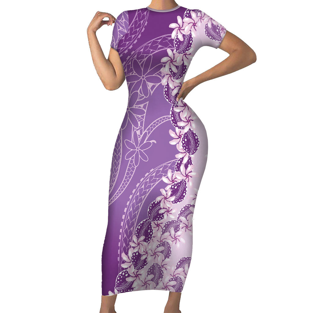 Heiva i Tahiti Short Sleeve Bodycon Dress Tahitian Tiare Maori Cowrie Lei Purple