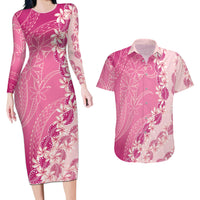 Heiva i Tahiti Couples Matching Long Sleeve Bodycon Dress and Hawaiian Shirt Tahitian Tiare Maori Cowrie Lei Pink