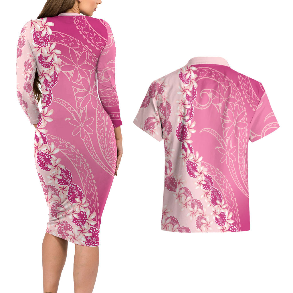 Heiva i Tahiti Couples Matching Long Sleeve Bodycon Dress and Hawaiian Shirt Tahitian Tiare Maori Cowrie Lei Pink