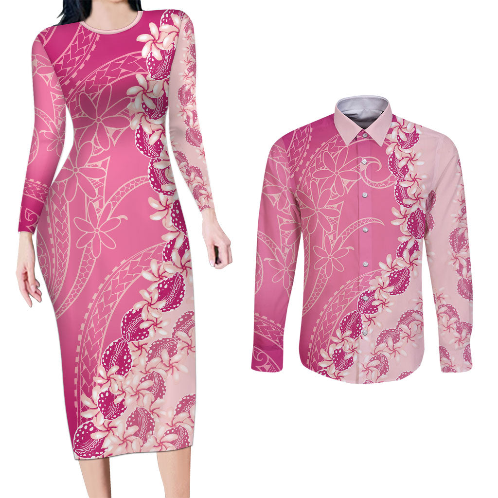 Heiva i Tahiti Couples Matching Long Sleeve Bodycon Dress and Long Sleeve Button Shirt Tahitian Tiare Maori Cowrie Lei Pink LT14 Pink - Polynesian Pride