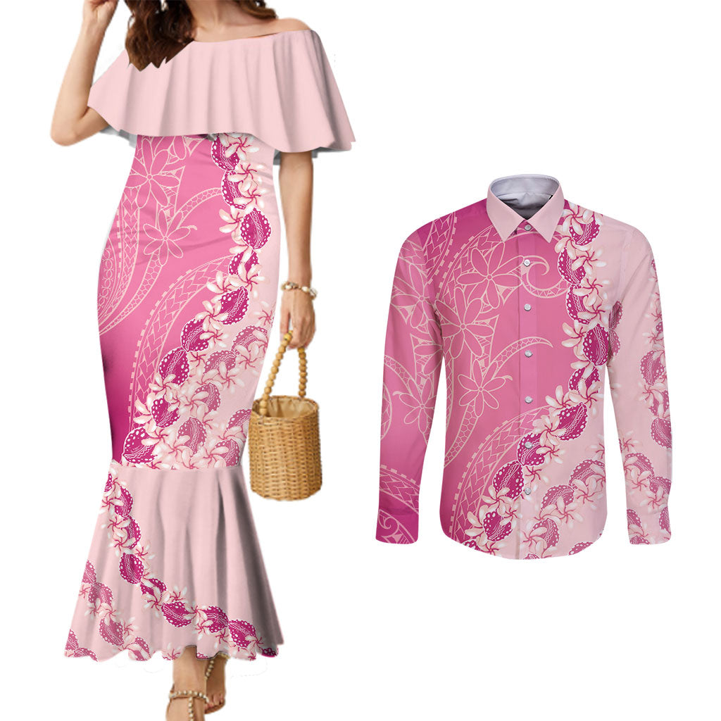Heiva i Tahiti Couples Matching Mermaid Dress and Long Sleeve Button Shirt Tahitian Tiare Maori Cowrie Lei Pink