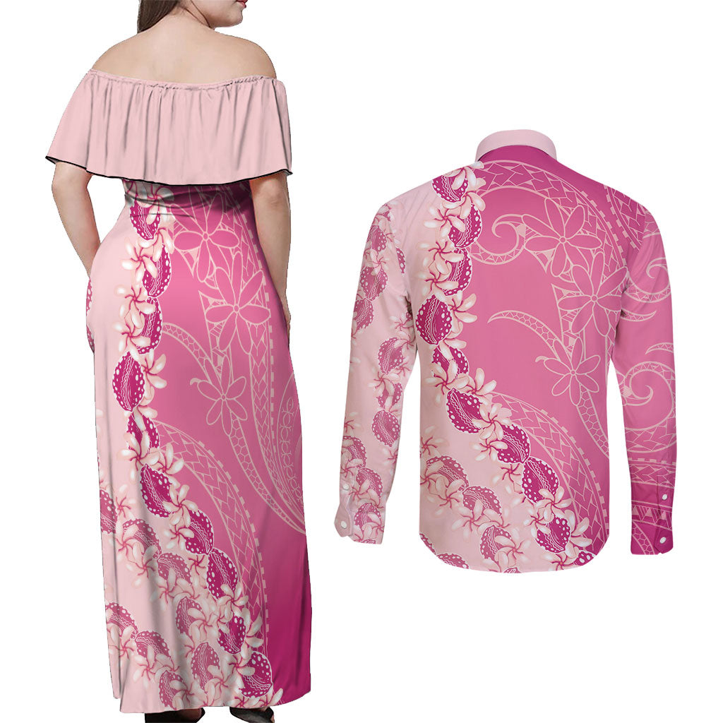 Heiva i Tahiti Couples Matching Off Shoulder Maxi Dress and Long Sleeve Button Shirt Tahitian Tiare Maori Cowrie Lei Pink