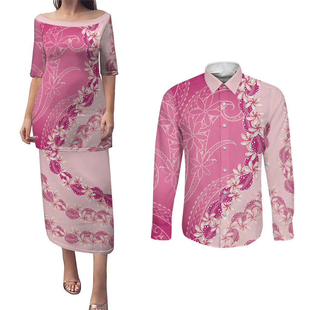 Heiva i Tahiti Couples Matching Puletasi and Long Sleeve Button Shirt Tahitian Tiare Maori Cowrie Lei Pink