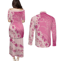 Heiva i Tahiti Couples Matching Puletasi and Long Sleeve Button Shirt Tahitian Tiare Maori Cowrie Lei Pink