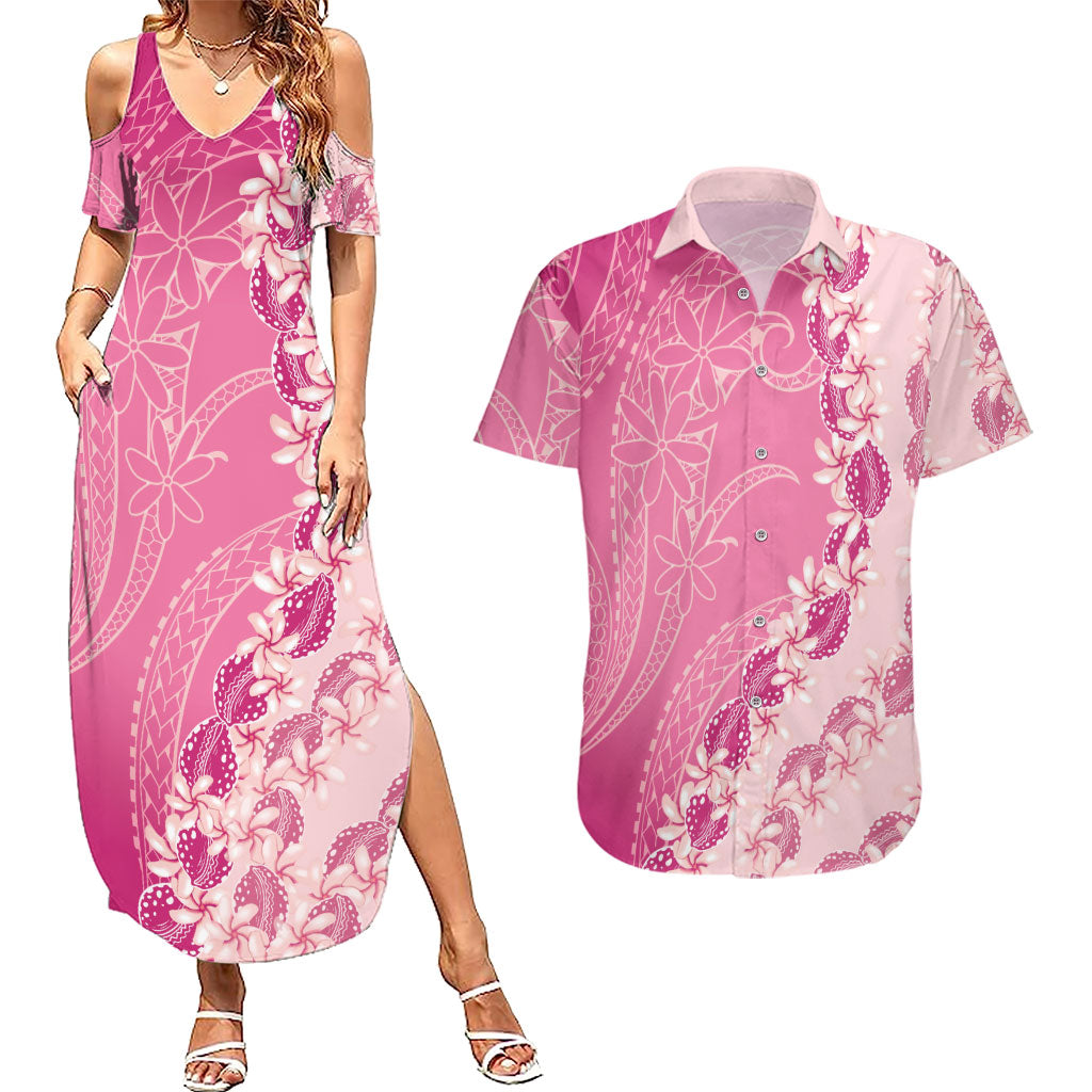 Heiva i Tahiti Couples Matching Summer Maxi Dress and Hawaiian Shirt Tahitian Tiare Maori Cowrie Lei Pink