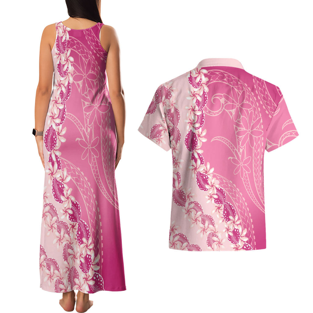 Heiva i Tahiti Couples Matching Tank Maxi Dress and Hawaiian Shirt Tahitian Tiare Maori Cowrie Lei Pink