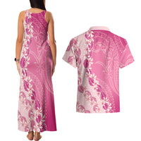Heiva i Tahiti Couples Matching Tank Maxi Dress and Hawaiian Shirt Tahitian Tiare Maori Cowrie Lei Pink