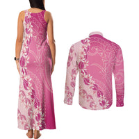 Heiva i Tahiti Couples Matching Tank Maxi Dress and Long Sleeve Button Shirt Tahitian Tiare Maori Cowrie Lei Pink