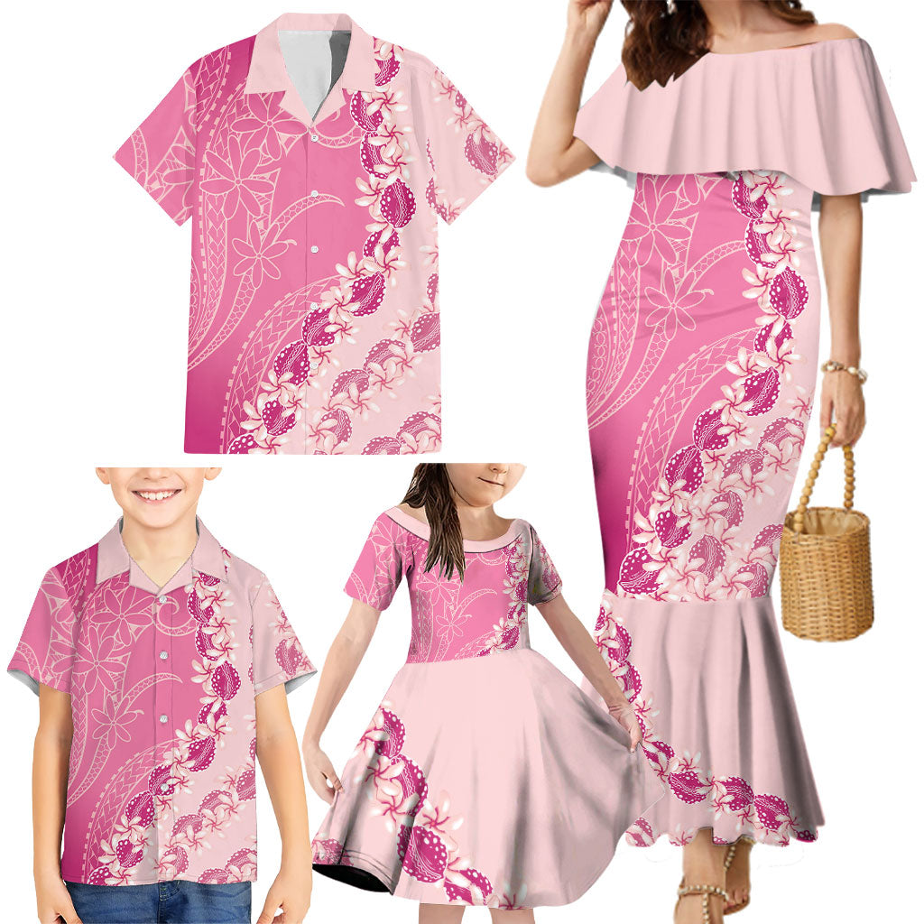 Heiva i Tahiti Family Matching Mermaid Dress and Hawaiian Shirt Tahitian Tiare Maori Cowrie Lei Pink