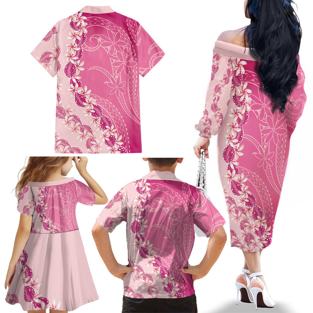 Heiva i Tahiti Family Matching Off The Shoulder Long Sleeve Dress and Hawaiian Shirt Tahitian Tiare Maori Cowrie Lei Pink LT14 - Polynesian Pride