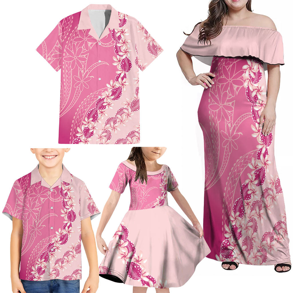 Heiva i Tahiti Family Matching Off Shoulder Maxi Dress and Hawaiian Shirt Tahitian Tiare Maori Cowrie Lei Pink LT14 - Polynesian Pride