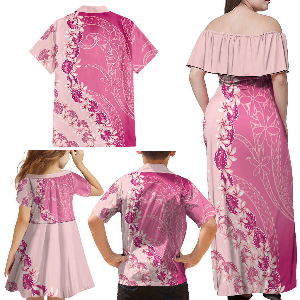 Heiva i Tahiti Family Matching Off Shoulder Maxi Dress and Hawaiian Shirt Tahitian Tiare Maori Cowrie Lei Pink LT14 - Polynesian Pride